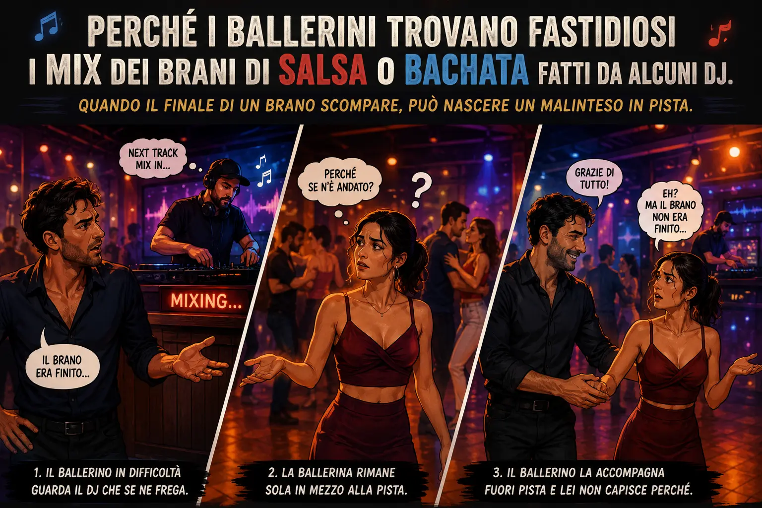 **Alt Text:**</p>
<p>Illustrazione narrativa divisa in tre scene diagonali ambientate in una serata di salsa o bachata. Nella prima scena un ballerino guarda con espressione frustrata verso il DJ impegnato a mixare i brani senza accorgersi del problema. Nella seconda scena una ballerina rimane sola al centro della pista e appare confusa mentre le altre coppie continuano a ballare. Nella terza scena il ballerino accompagna educatamente la dama verso il bordo della pista, mentre lei non comprende perché il ballo sia terminato. In basso compare il titolo dell'articolo dedicato ai motivi per cui molti ballerini trovano fastidiosi i mix dei brani di salsa e bachata eseguiti da alcuni DJ. Atmosfera da locale latino con luci calde, colori vivaci e stile illustrativo semi-realistico.